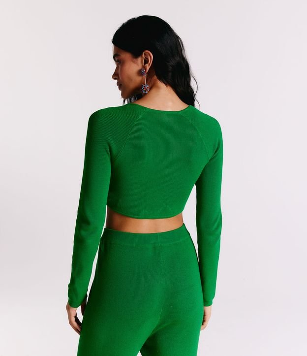 Blusa Cropped em Tricô com Mini Botões Verde