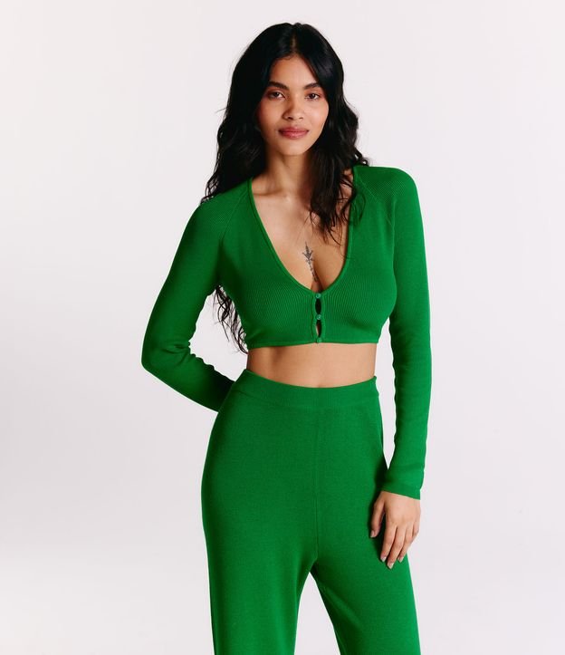 Blusa Cropped em Tricô com Mini Botões Verde