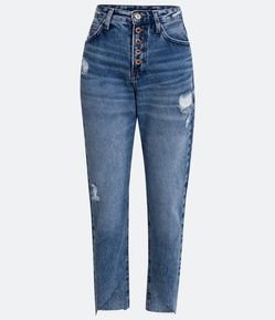 Calça Mom em Jeans com Rasgos Puídos e Barra Triangular