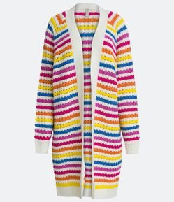 Casaco Alongado em Tricô com Estampa  de Listras Coloridas