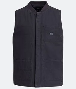 Colete em Sarja com Gola V e Bolsos Táticos