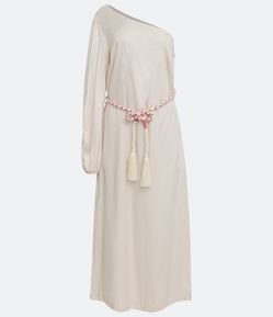 Vestido Longo em Linho com Ombro Só e Bordado na Manga