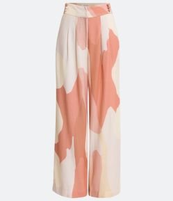Calça Wide Leg em Linho com Estampa Abstrata e Detalhe no Cós