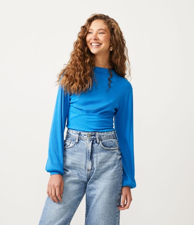 Blusa em Ribana com Manga Longa Bufante e Recorte