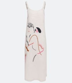 Vestido Longo em Linho com Bordado e Alça Diferenciada