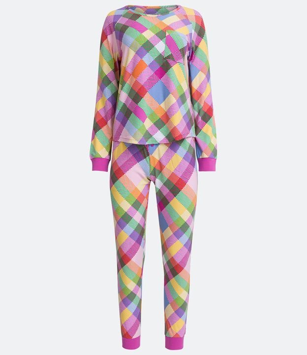 Pijama Largo con Puños en Ribana y Estampado de Cuadros Multicolores 5