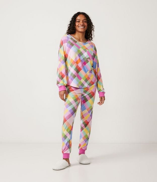 Pijama Largo con Puños en Ribana y Estampado de Cuadros Multicolores 1