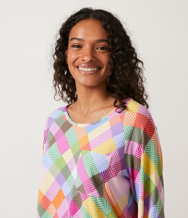 Pijama Largo con Puños en Ribana y Estampado de Cuadros Multicolores 3