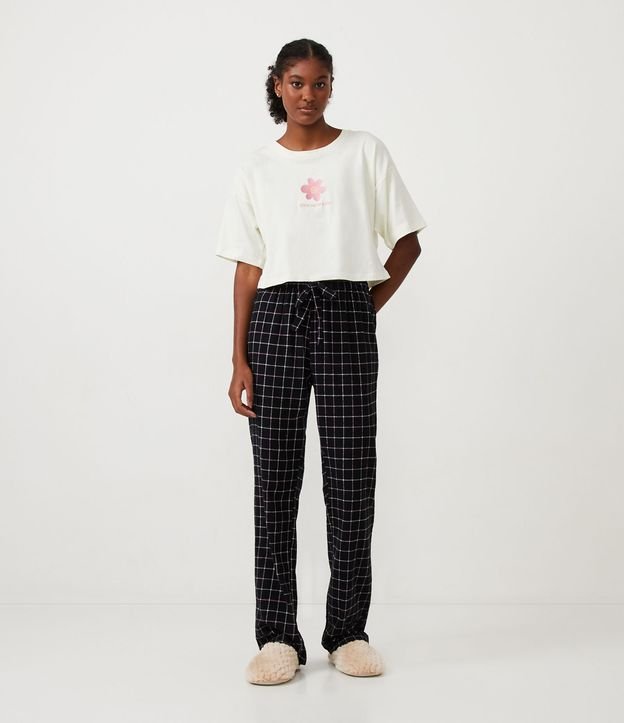 Calça de Pijama em Flanela com Amarração e Estampa Xadrez Grid Preto 1