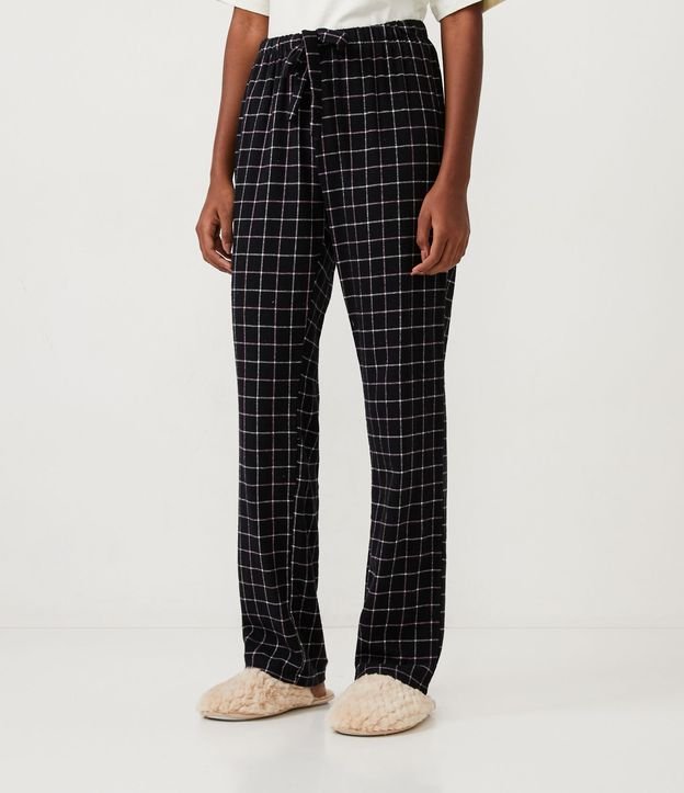 Calça de Pijama em Flanela com Amarração e Estampa Xadrez Grid Preto 2