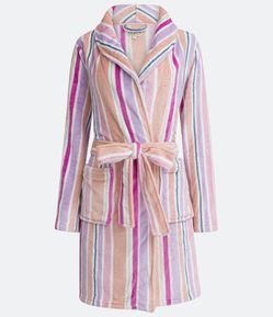 Robe Curto em Fleece com Amarração na Cintura e Estampa Listrada