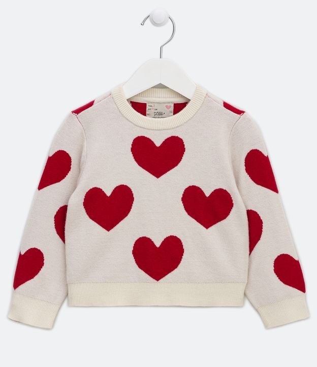 Blusão Infantil em Tricô com Estampa de Corações - Tam 1 a 5 Anos - Cor: Branco Neve - Tamanho: 04