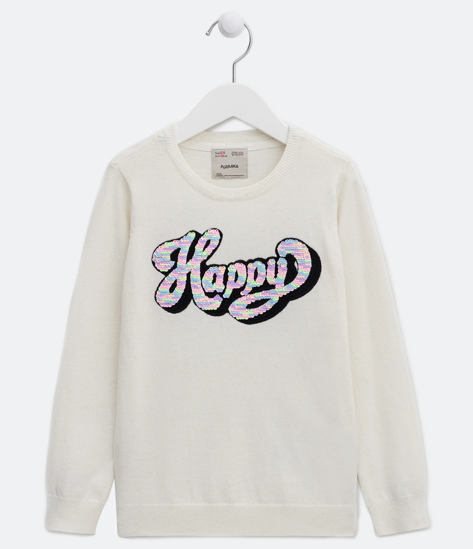 Blusão Infantil em Tricô com Lettering Happy em Paetê que Vira - Tam 5 a 14 Anos Branco 1