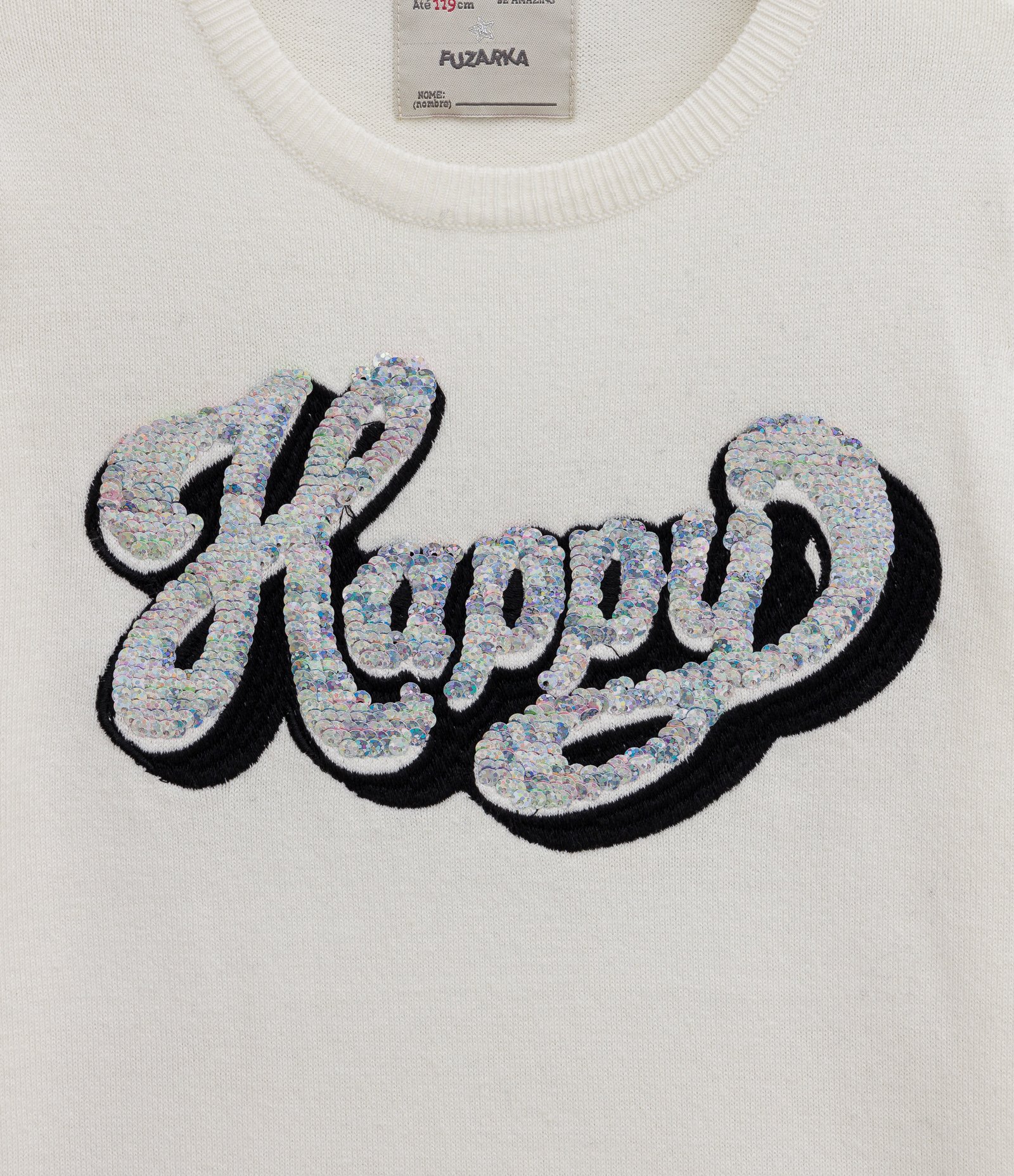 Blusão Infantil em Tricô com Lettering Happy em Paetê que Vira - Tam 5 a 14 Anos Branco 4