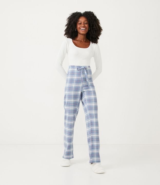 Pantalón de Pijama Larga en Franela con Estampado de Cuadros Azul 1