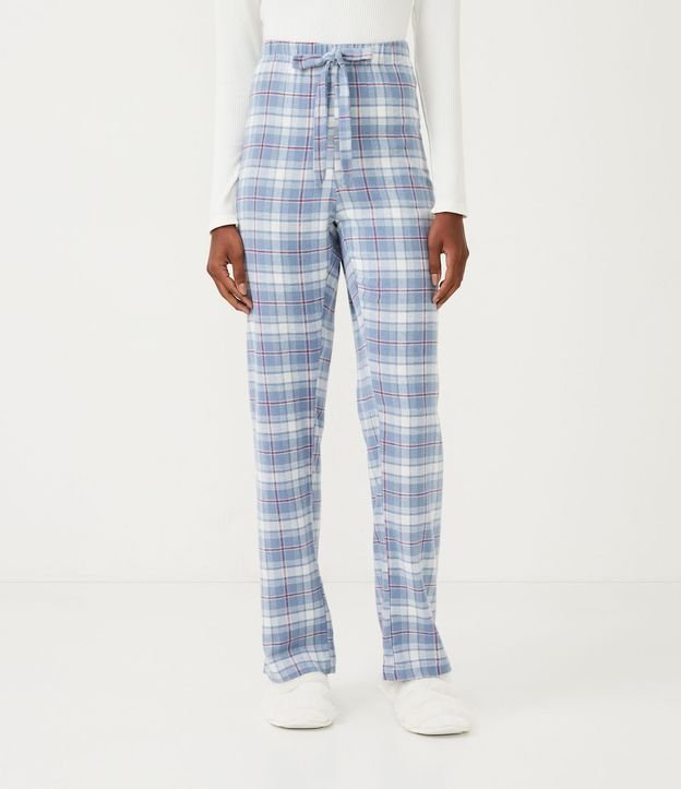 Pantalón de Pijama Larga en Franela con Estampado de Cuadros Azul 2