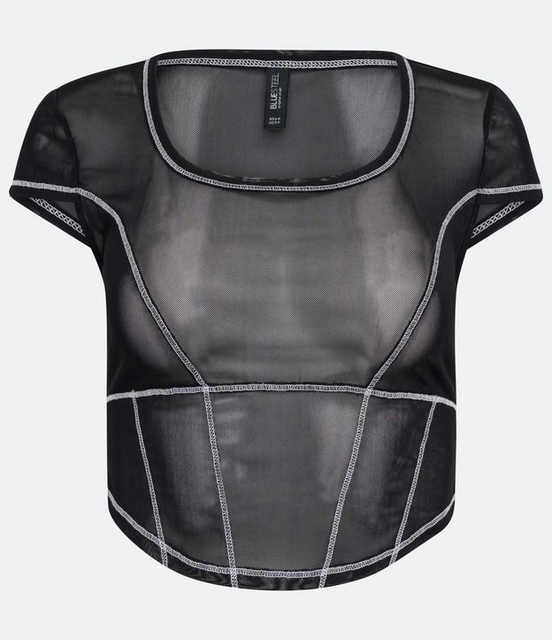 Blusa Cropped em Tule Semitransparente com Pespontos Contrastantes Preto 5