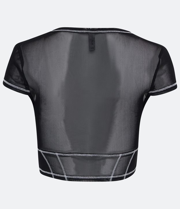 Blusa Cropped em Tule Semitransparente com Pespontos Contrastantes Preto 6