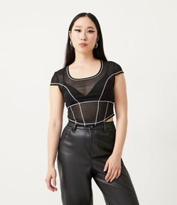 Blusa Cropped em Tule Semitransparente com Pespontos Contrastantes