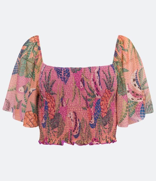 Blusa Cropped en Tul con Manga Amplia y Estampado Guacamayos y Piñas Naranja 5