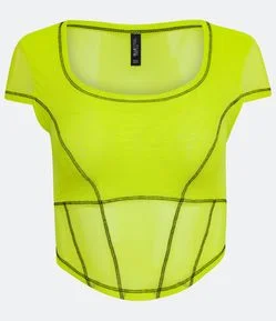 Blusa em Tule com Manga Curta e Pespontos Contrastantes