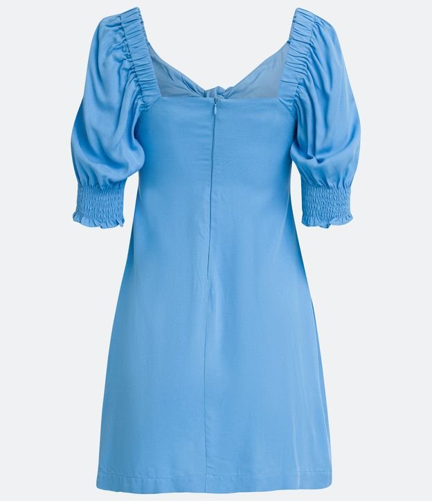 Vestido Corto en Viscosa con Lazo en el Escote y Manga Abullonada Azul 6