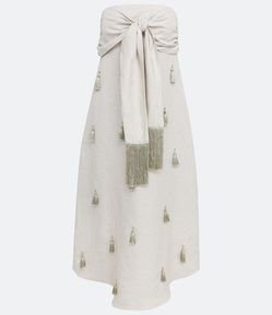 Vestido Midi em Linho Tomara que Caia com Detalhes em Tassel