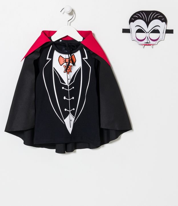 Camiseta Infantil com Estampa do Drácula Acompanha Capa e Máscara - Tam 1 a  5 anos Preto