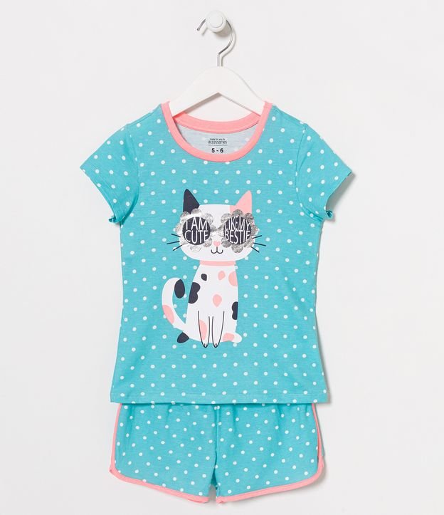 Pijama Corto Infantil Estampado Gatito de Gafas - Talle 5 a 14 años Azul 1