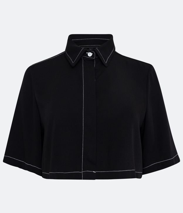 Camisa Cropped en Viscosa con Manga Corta y Pespuntos Contrastantes Negro 5