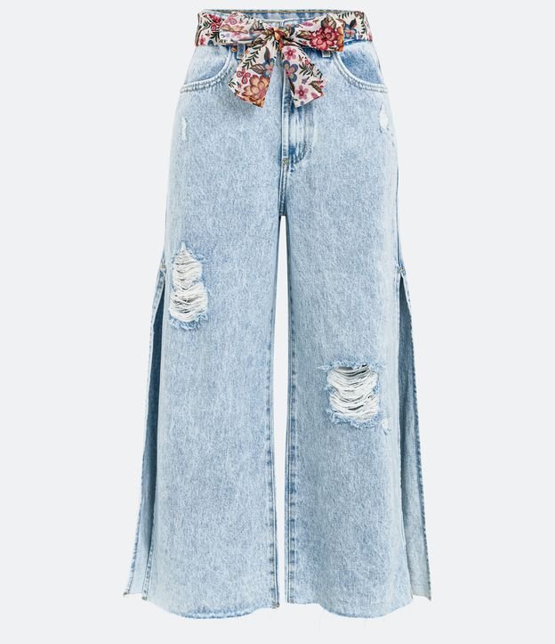 Calça Pantacourt Jeans com Fenda Lateral e Cinto Floral Azul 5