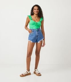 Short Cintura Alta em Jeans com Bordado Vem Pro Sol