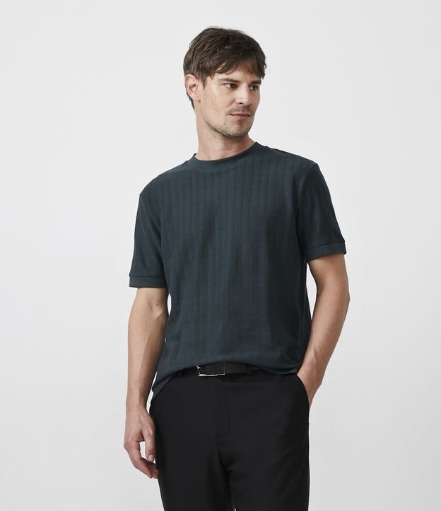 Remera Slim en Algodón Texturizado con Rayas Verde Oscuro 1