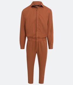 Macacão Longo em Linho com Manga Longa e Cós Elástico