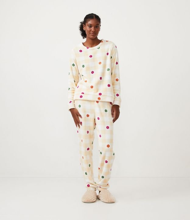 Pijama Largo en Fleece con Puño Ajustado y Estampado de Cuadros Naranja 1