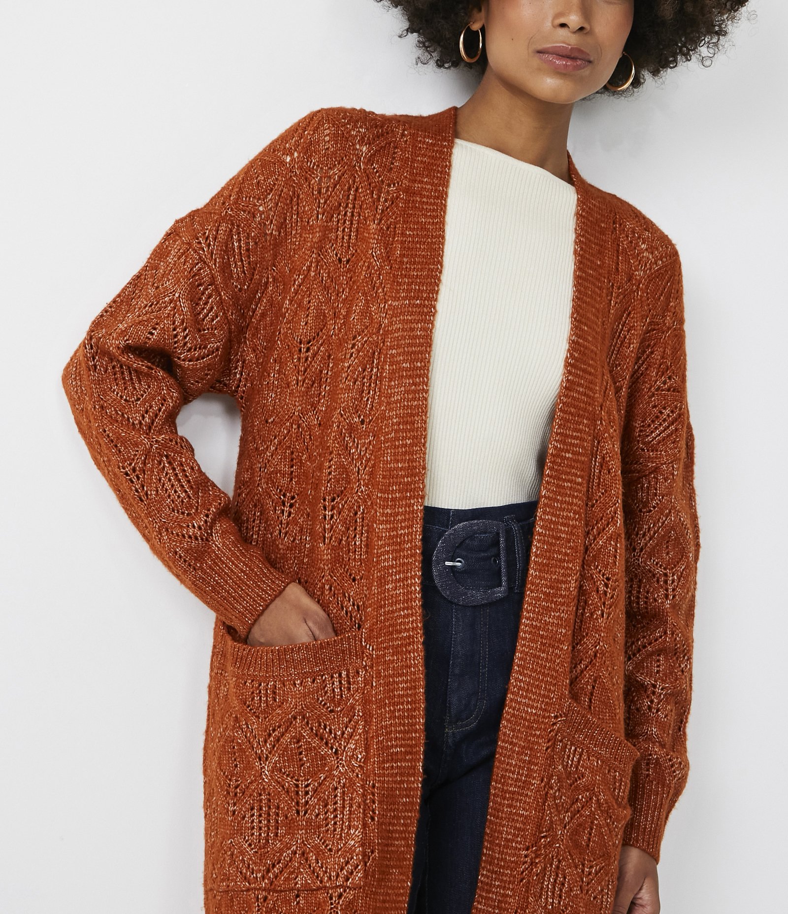 Cardigan Alongado em Tricô com Ponto Diferenciado e Bolsos Frontais Marrom 5