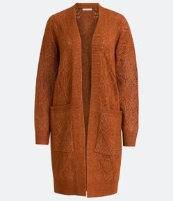 Cardigan Alongado em Tricô com Ponto Diferenciado e Bolsos Frontais