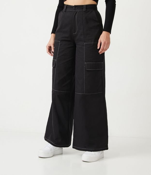 Pantalón Wide Leg Cintura Alta en Sarga con Pespuntos Contrastantes Negro 2
