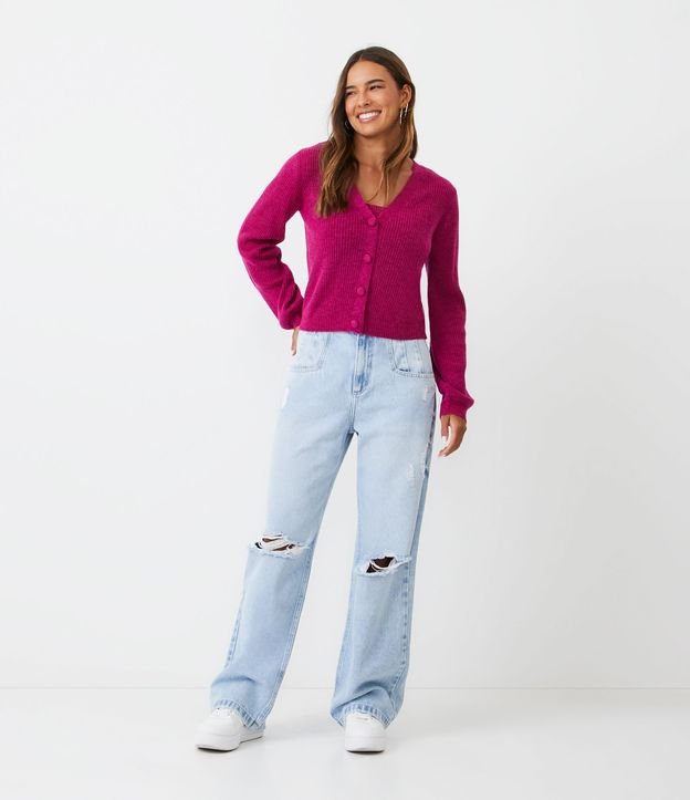 Cardigan en Punto con Hilo Mezclado y Botones Forrados Rosado 2