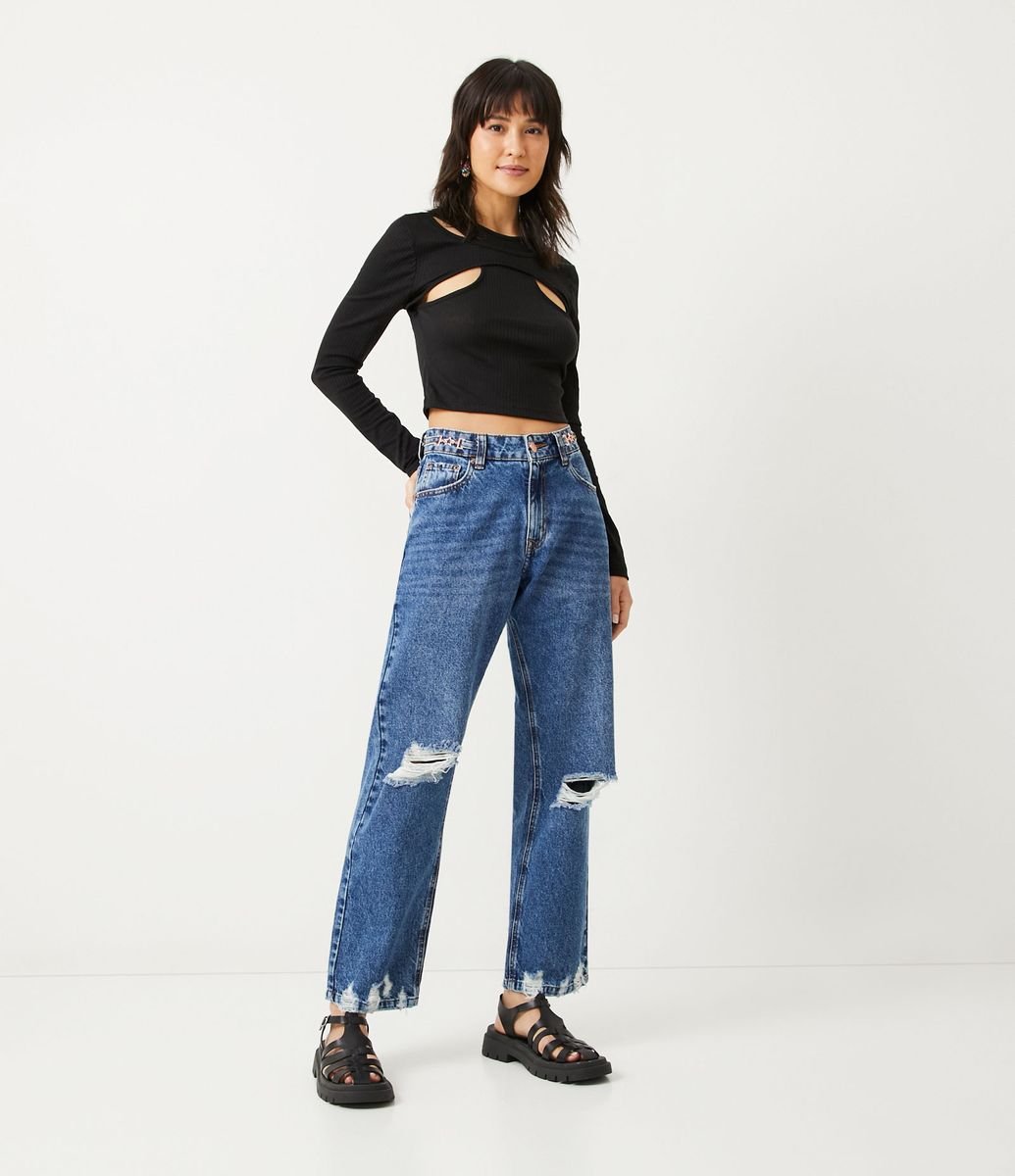 Calça Wide Leg Cintura Alta em Jeans com Rasgos e Barra a Fio Azul - Lojas  Renner