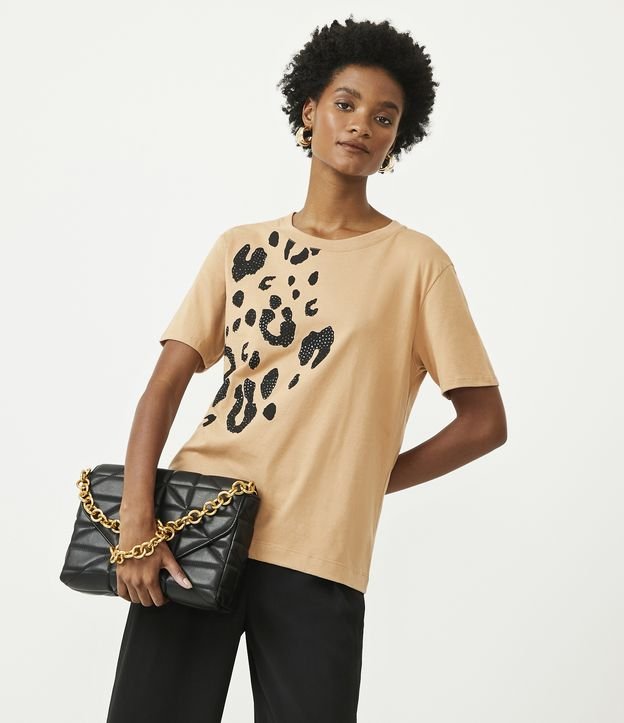 Blusa T-shirt en Algodón con Estampado Animal Print Jaguar Beige 1
