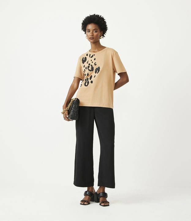 Blusa T-shirt en Algodón con Estampado Animal Print Jaguar Beige 2