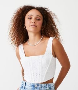 Blusa Cropped Sem Manga em Laise Texturizado com Design Corset