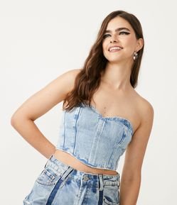 Blusa Tomara que Caia Corset Jeans com Botões Forrados