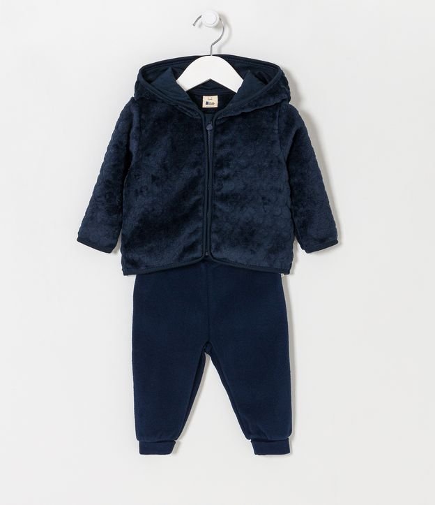 Conjunto Infantil en Fleece con Saco Capucha y Pantalón - Talle RN a 18 meses Azul 1