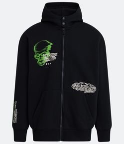 Blusão Relaxed Aberto em Moletom com Estampa de Caveira e Lettering