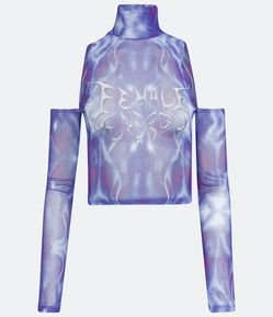 Blusa em Tule com Vazados Manga Longa e Estampa Abstrata