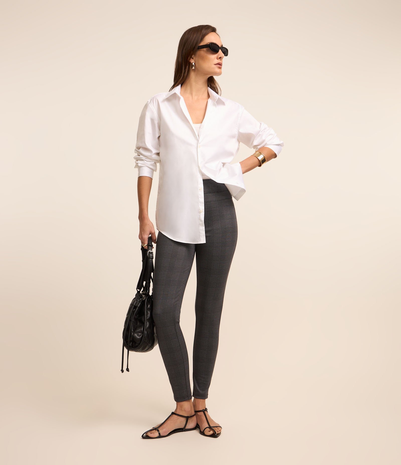 Calça Legging em Ponto Roma com Zíper e Estampa Xadrez Cinza/ Preto 1