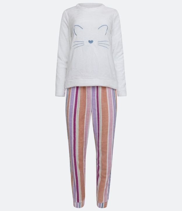 Pijama Largo en Fleece con Bordado gatito y Estampado a Rayas Blanco 6