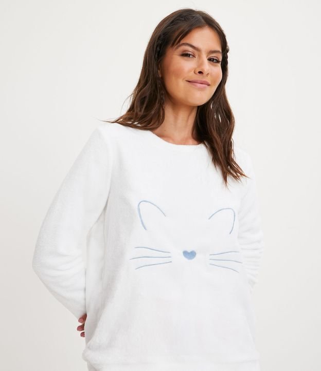 Pijama Largo en Fleece con Bordado gatito y Estampado a Rayas Blanco 4